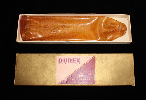 This reusable condom dates from the 1950s. Condom manufacturing was revolutionised by the invention of rubber vulcanisation by Charles Goodyear
